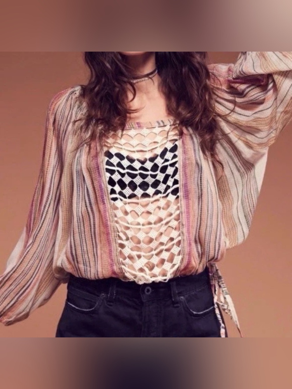 Free People One Multicolor Stripe Crochet Panel Off Shoulder Top Medium Large